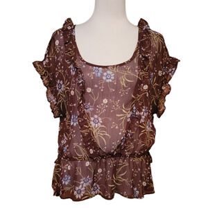 American Eagle Sheer Floral Top Fairy‎ Core Ruffles Festival Summer Boho-M